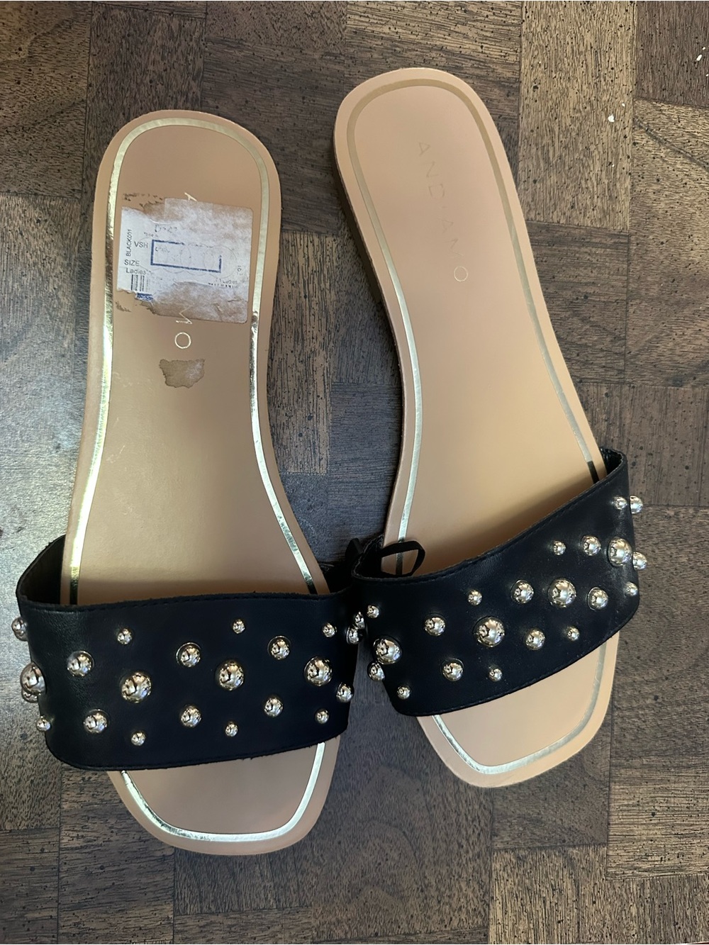 Embellished Black Slide Sandals with Gold Accents